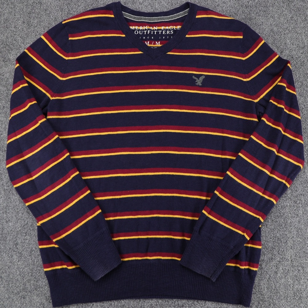 American‎ Eagle Outfitters Mens Medium V-Neck Striped Sweater Navy Red Yellow